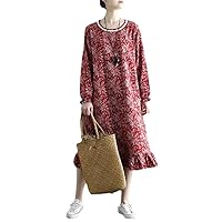 Women's Cotton and Linen Casual O Neck Floral Cheongsam Long Dress Retro Chinese Style Loose Long Dress Red