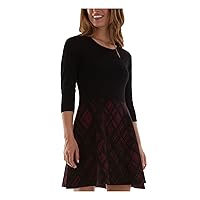 Womens Black Knit 3/4 Sleeve Round Neck Above The Knee Party Sweater Dress Juniors XS