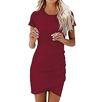 Womens 2024 Summer Dress Solid Round Neck Short Sleeve T Shirt Dress Casual Soft Comfortable Silm Fit Dress