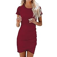 T Shirt Dresses for Women 2024 Beach Dress Round Neck Short Sleeveless Wrap Party Club Pleated Slim T Shirt Dresses