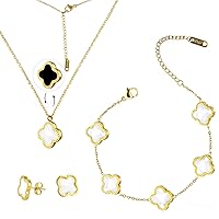 Lucky Clover Sets 18K Gold Plated, Double-sided Lucky Clover Bracelet, Earring, Necklace Pendant for Women Girls