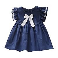 Girls Summer Dress Bow Small Flying Sleeve Crew Neck A Line Skirt School Casual Going Out Baby Girl Flower