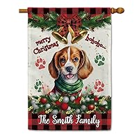 Cute Baby Beagle Dog in Santa Hat House Flag Dog Paws Christmas Decoration Bell Ho Ho Ho Decor Outdoor Yard Banner Custom Name, 28 x 40 Inch Double Side, Style 13