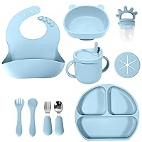 Silicone Baby Feeding Set | Baby Led Weaning Supplies | Toddler Self Feeding Dish Set with Suction Bowl, Divided Plate,Sippy Cup Spoons Forks Teether and Adjustable Bib, Eating Utensils for 6+Months