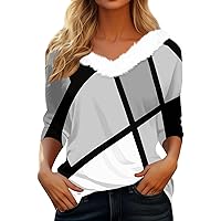 Blouses for Women Plus Size Trendy Fur Collar Shirts V Neck Comfy Fleece Xmas Tees Graphic Work Going Out Tops