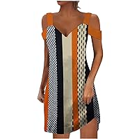Womens Fashion Color Block Cold Shoulder T-Shirt Dress Summer Sexy V Neck Cutout Short Sleeve Casual Tunic Dresses