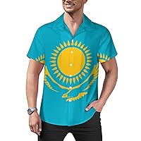 Kazakhstan Flag Men's Casual Button-Down Shirts Short Sleeve Hawaiian Blouse Cuban Collar Tees Tops
