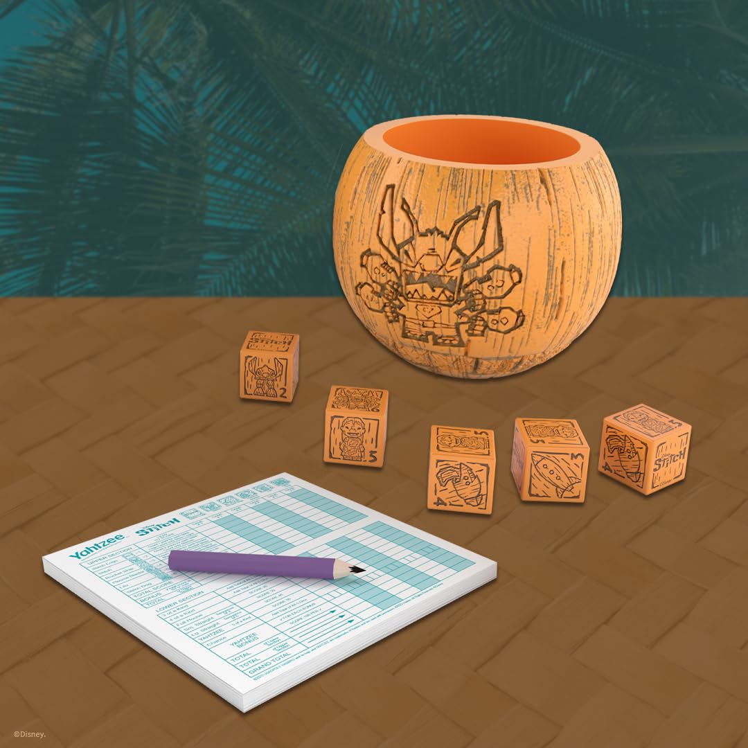 YAHTZEE: Disney Stitch | Collectible Stitch Tiki Style Dice Cup | Classic Dice Game Based on Disney’s Lilo & Stitch | Great for Family Night | Officially Licensed Disney Game & Merchandise