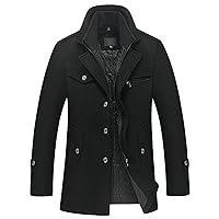 Men Layered Collar Single Breasted Jacket Wool Blend Quilted Lined Pea Coat Winter Military Windproof Overcoat