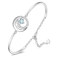 FANCIME Birthstone Bracelets for Women Girls 925 Sterling Silver Moon and Star Bangle Charm Bracelet Fine Jewelry Birthday Anniversary Christmas Day Gift for Women, Adjustable Chain 6.7