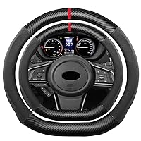 D Shape Suede Carbon Fiber Steering Wheel Cover, Compatible with WRX Forester 15 inch Flat Bottom Soft Alcantara Touch Leather Sport Non-Slip Automotive Interior Accessories