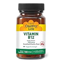 Country Life Vitamin B12 with Folate, Supports Energy & Red Blood Cell Production, 500mcg, 100 Lozenges, Certified Gluten Free, Certified Vegan, Certified Halal, Non-GMO Verified