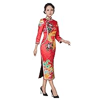 Qipao Autumn and Winter Women Silk Chinese Phoenix Peony Printed Cheongsam Wedding Evening Dress