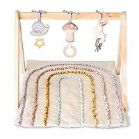 Activity Gym – Premium Wooden Baby Gym Includes Quilted Play Mat and 3 Removable Toys; Pastel Rainbow