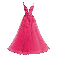 Raseal Women's Spaghetti Straps Tulle Long Appliques Lace Glitter Prom Party Cocktail Dress with Pockets RS077