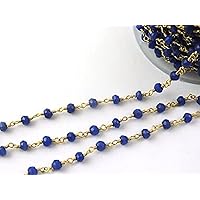 LKBEADS 36 inch long gem blue sapphire 2.5mm round shape faceted cut beads wire wrapped gold plated rosary chain for jewelry making/DIY jewelry crafts #Code - ROS-0154