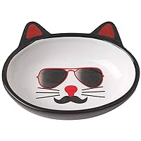 PetRageous 12037 Oval Mon Ami Pierre Stoneware Cat Bowl 5.5-Inch Wide and 1.5-Inch Tall Saucer with 5.3-Ounce Capacity and Dishwasher Safe is Great For Cats, Black and White
