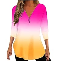 Womens Tops Dressy Casual 3/4 Length Sleeve V Neck Shirts and Blouses Zip Up T Shirts Gradient Color Graphic Tees