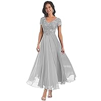 V-Neck Mother of The Bride Dresses Chiffon Lace Appliques Long Formal Evening Dress with Sleeve PA426