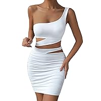 Womens Summer Dresses Ladies Spandex Dress One Shoulder Short Skirt Hollow Sexy Package Fashion Dress(White,Medium)