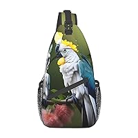 Sling Backpack,Travel Hiking Daypack Beautiful Cockatoo Bird Flower Print Rope Crossbody Shoulder Bag