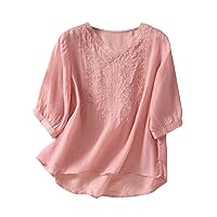 Women Half Sleeve Tops Casual Cozy Crewneck Blouses Embroidery Summer Loose T-Shirt Comfy Linen Holiday Tunic