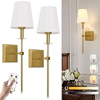 Battery Operated Wall Sconces Set Of 2, USB Rechargeable Wall lights with Remote Control, Dimmable Wireless Wall light with White Fabric Shade, Indoor Wall Lamp for Living Room Bedroom Hallway, Gold