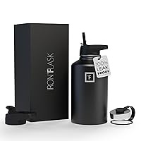 IRON °FLASK Sports Water Bottle - Wide Mouth with 3 Straw Lids - Stainless Steel Gym & Outdoor Bottles for Men, Women & Kids - Double Walled, Insulated Thermos, Metal Canteen - Midnight Black, 64 Oz