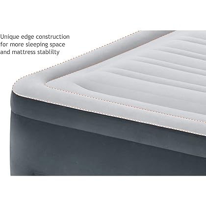 INTEX 64413ED Dura-Beam Deluxe Comfort-Plush Elevated Air Mattress: Fiber-Tech – Queen Size – Built-in Electric Pump – 18in Bed Height – 600lb Weight Capacity,Grey