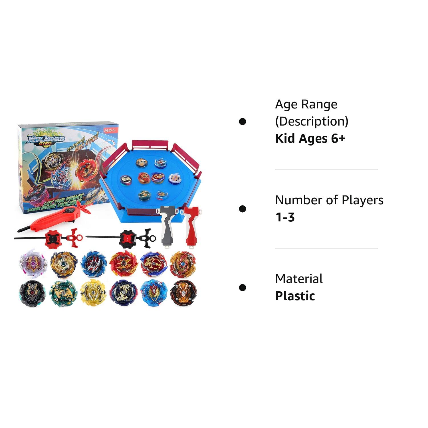 JIMI Bey Battling Top Stadium Blade Battle Set, 12 Burst Spinning Tops 3 Launchers Grip 1 Arena Combat Game, Toy Gift for Kids Boys Ages 6+