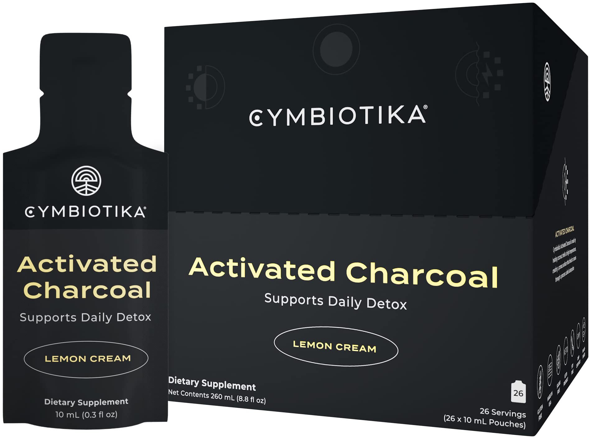 CYMBIOTIKA Activated Charcoal Liquid Supplement with Vitamin E, Gut Health & Digestive Support for Adults, Helps Cleanse, Detox, Support Gas, Bloating, Lemon Cream Flavor, Vegan, 10ml Pouches, 26 Pack