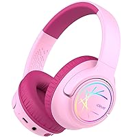 Kids Bluetooth Headphones with LED Lights, BTH18 Safe Volume 74/85/94dBA, 43H Playtime, Bluetooth5.3 Kids Headphones Wireless for Travel,Pink
