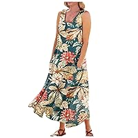 Summer Dresses for Women 2024 Casual Comfortable Flower Print Sleeveless Cotton Beach Dress with Pocket