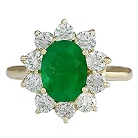 3.08 Carat Natural Green Emerald and Diamond (F-G Color, VS1-VS2 Clarity) 14K Yellow Gold Luxury Engagement Ring for Women Exclusively Handcrafted in USA