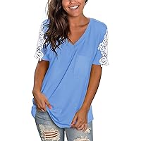 Lace Sleeve Tops for Women Summer Shirts Loose Casual Fashion Blouses Ladies Dressy Tunic V Neck Vacation T Shirt