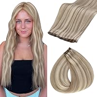 Fshine Real Human Hair Hand Tied Weft Highlight Weft 24 Inch 60g Ash Blonde Highlighted Platinum Blonde Sew in Hair Extensions for Women Natural Remy Human Hair Weave Long Straight Hair Weft