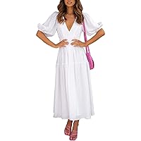 Woolicity Womens Summer Maxi Dress Wrap V Neck Short Sleeve Beach Flowy Long Dresses White M