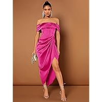 Dresses for Women Women's Dress Off Shoulder Ruched Asymmetrical Hem Dress Dresses (Color : Hot Pink, Size : Large)