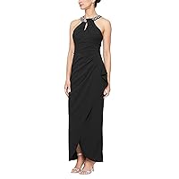 S.L. Fashions Women's Long Crepe Dress with Embellished Halter Neckline