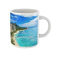 Coffee Mug Blue Waikiki Beach and Diamond Head Honolulu Oahu Island 11 Oz Ceramic Tea Cup Mugs Best Gift Or Souvenir For Family Friends Coworkers
