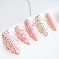 Sun&Beam Nails Handmade Press On Nail Medium Long Almond Oval Pink White Pearl Shell Fake Tip 3D Design Art Charms Cute with Storage Box 10 Pcs (Pink-M)