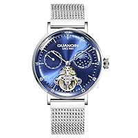 Mens Clock Automatic Mechanical Skeleton Tourbillon Self-Winding Stainless Steel Leather Waterproof Moon Phase Wrist Watch