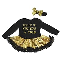 Petitebella My 1st New Year 2018 Black L/s Bodysuit Gold Sequins Tutu Nb-18m