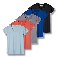 Real Essentials 5 Pack: Women's Short Sleeve V-Neck Activewear T-Shirt Dry-Fit Wicking Yoga Top (Available in Plus)