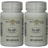 Bio-Tech Pharmacal D3-50 50,000 IU, 100 Capsules – All-Natural Supplement – Supports Bone, Cardiovascular, Neuromuscular, & Immune Health – No Dairy, Fish, Gluten, Peanut, Shellfish, & Soy (Pack of 2)