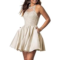 Lawrncedw Satin Lace-Applique Homecoming Dresses Short Cocktail Dress for Teens Backless Party Evening Gown with Pockets