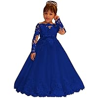 Lace Tulle Flower Girl Dress for Wedding Long Sleeve Princess Dresses Royal Blue Pageant Party Gown with Bow Size 5