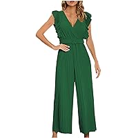 Women Jumpsuits Wrap V Neck Ruffle Sleeveless Belted High Waist Loose Pleated Wide Leg Romper One Piece Casual Outfits