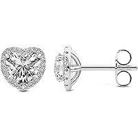 2.50 Cttw Diamond Halo Stud Earrings - Certified Moissanite 2.00 Carat Heart Shape -14k White Gold and 925 Sterling silver - Push Back Secure Closure