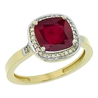 Sabrina Silver 10K White Gold Diamond and Enhanced Genuine Ruby Ring Cushion-Cut 8x8mm, Sizes 5-10